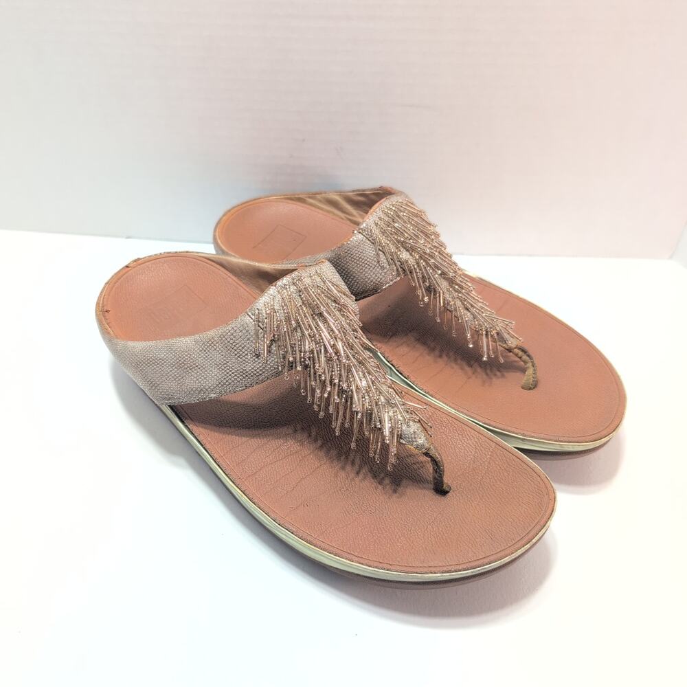 FitFlop Cha Cha Beaded Tassle Thong Sandle Wobbleboard Camel RoseGold Women's 10